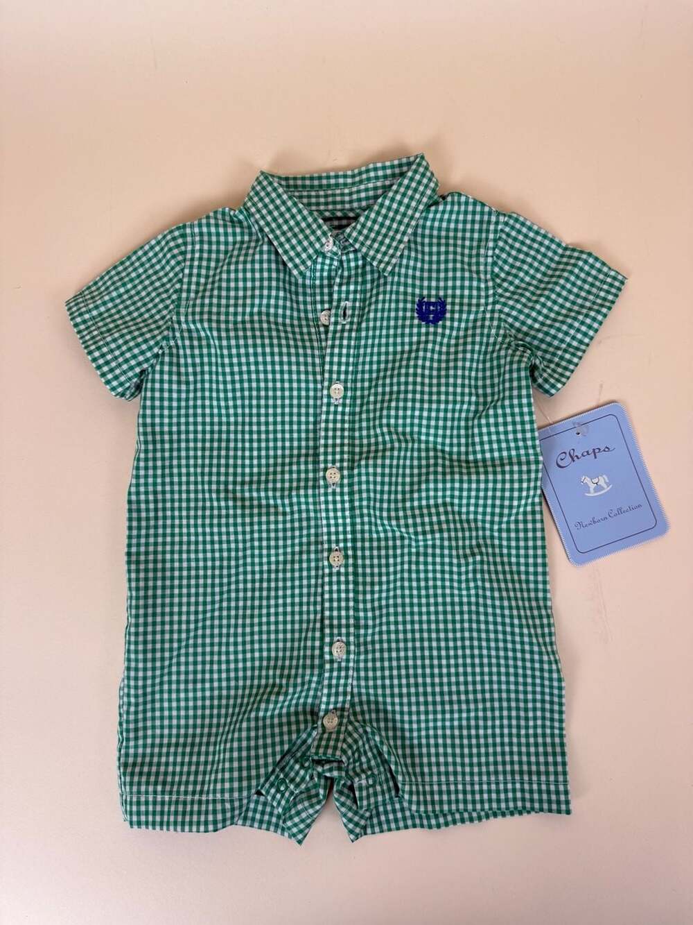 Chaps Newborn Collection Baby Boy Green Gingham Short Sleeve Button-Front Romper